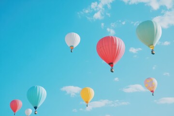 Poster - Brightly colored balloons soar gracefully in a clear blue sky, creating a joyful atmosphere on a beautiful day. Generative AI