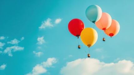 Poster - A group of vibrant balloons floats joyfully against a stunning blue sky, creating a cheerful atmosphere on a sunny day. Generative AI