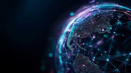 Poster - Illustration of the globe, surrounded by lines of neural connections and digital data. Technological background on the topic of the information field