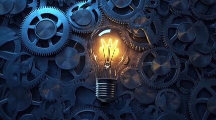Poster - Glowing Light Bulb Amidst a Network of Interlocking Gears