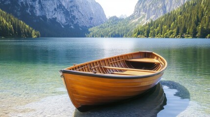 Poster - Wooden Rowboat Moored on a Calm Mountain Lake