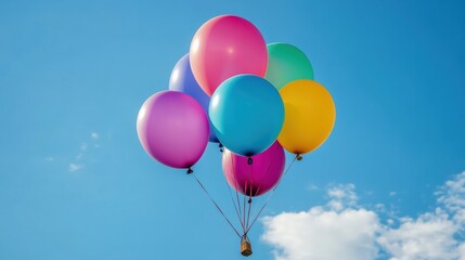 Brightly colored balloons ascend into the vast, clear blue sky, creating a joyful and uplifting atmosphere under the sunlight. Generative AI