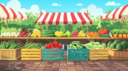 Wall Mural - A cartoon illustration of a vibrant outdoor farmer's market with fresh produce on display.