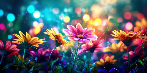 Poster - A field of flowers with a bright, colorful, and lively atmosphere