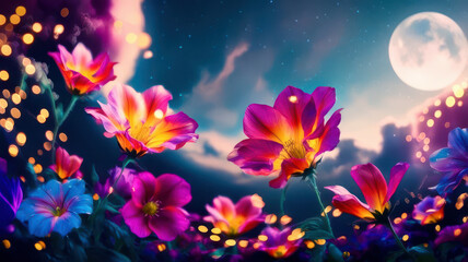 Poster - A field of flowers with a bright pink moon in the background