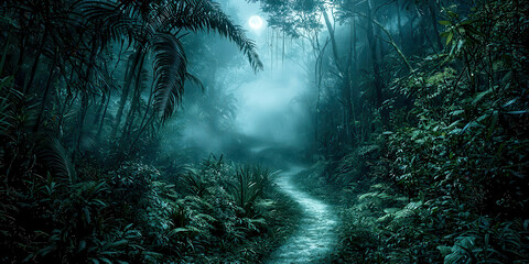 A dark forest with a path through it