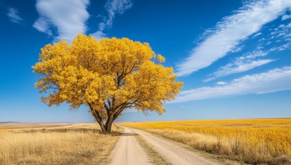 A vibrant golden tree enhances the beauty of an empty dirt road surrounded by expansive autumn fields under a bright blue sky