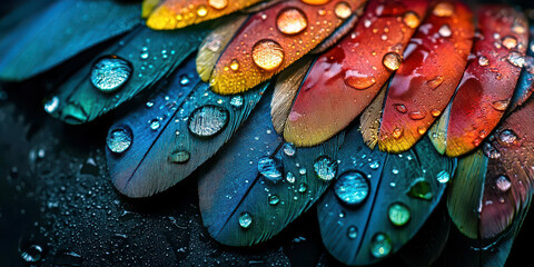 Poster - A colorful feather with droplets of water on it