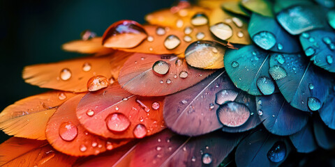 Poster - A colorful feather with droplets of water on it