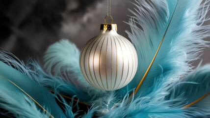 Poster - A white ornament with gold trim sits on a blue feather