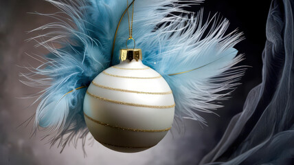 Poster - A white ornament with blue stripes is hanging from a feather