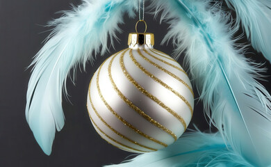 Poster - A white and gold ornament with a blue feather in the background