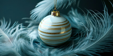 Poster - A blue and gold ornament sits on a bed of feathers