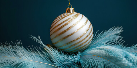 Poster - A gold and white Christmas ornament sits on a blue feather