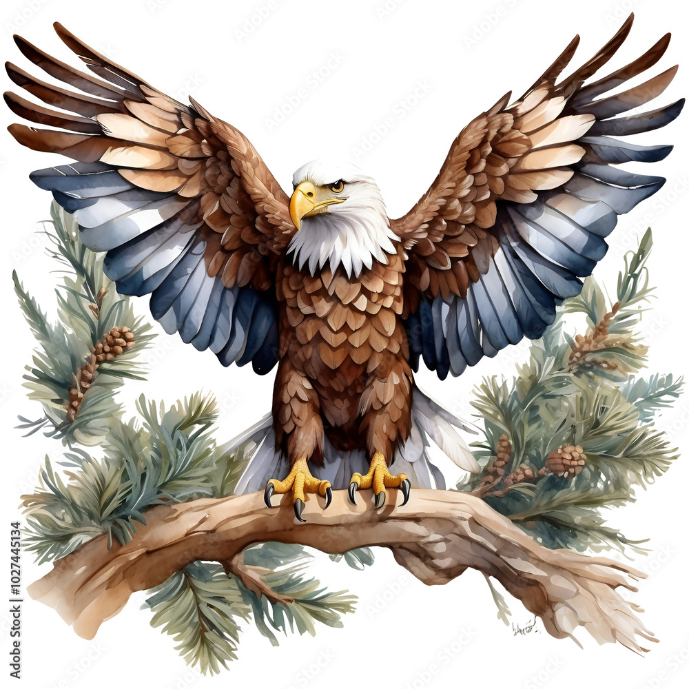 Watercolor Painting of a bald eagle landing on a tree branch ...
