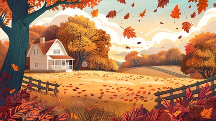 Wall Mural - a picturesque autumn scene with a white house, trees with changing leaves, and a wooden fence.