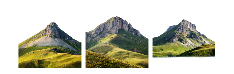 Aufkleber - A split image of three mountain peaks with green grass and rocky outcroppings.