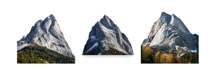 Aufkleber - Three tall, rocky mountains with snow, trees, and greenery on a white background.