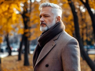 Elegant Older Gentleman Strolling Through Autumn City Park