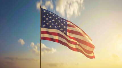 Vibrant panoramic usa background banner with waving american flag and clear blue sky for cards