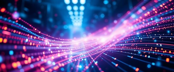 Abstract digital lines of code flow through a dark background in a vibrant display of modern technology.