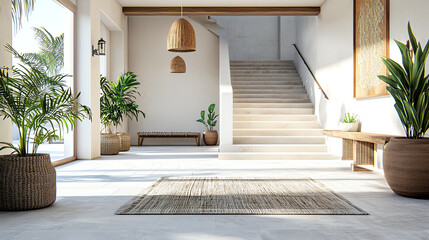 Poster - Modern interior space with plants, stairs, and natural light.