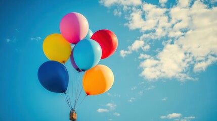 Poster - A group of colorful balloons ascends gracefully into the clear blue sky, adding joy to the bright day filled with soft clouds. Generative AI