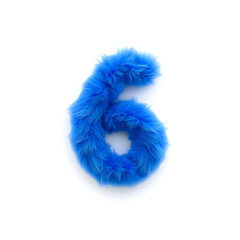 Photograph of the number six made of blue faux fur on a white background. The bright and original design creates an attractive visual effect, ideal for creative projects, logo design. Generative AI