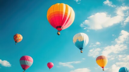 Poster - Colorful balloons drift peacefully in the clear blue sky, creating a cheerful spectacle against the backdrop of fluffy clouds. Generative AI