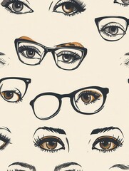Poster - Eyeglasses are showcased on a vibrant background featuring various stylized eyes, creating an engaging artistic composition. Generative AI