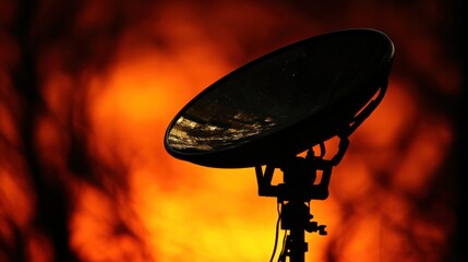 Aufkleber - Silhouetted Satellite Dish Reflecting City Lights Against an Orange Sky