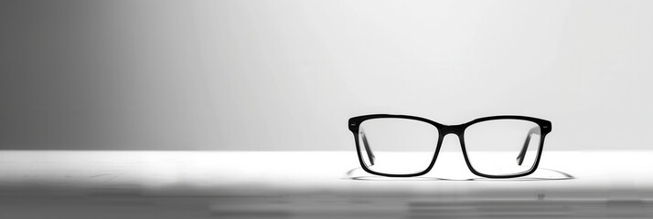 Poster - A pair of sleek eyeglasses sits calmly on a reflective surface, illuminated by gentle light that enhances their stylish form. Generative AI