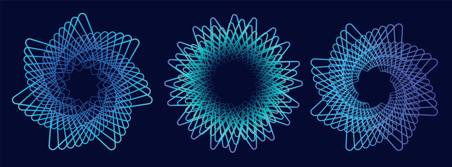 Poster - Set of twisted colored spirals. Wireframe warp shape. Vector technology tunnels.