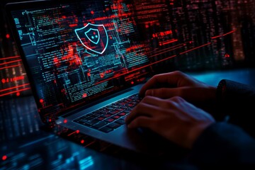 Leinwandbilder - Digital data protection and cyber security concept. Man using a laptop computer to type his username and password. User privacy security and protection of personal data on an internet network.