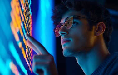 Fototapete - In this image, an Indian programmer stands in front of a screen with a projected picture of code demonstrating the integration of technology and human expertise in app development
