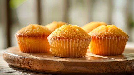 Four golden-brown cupcakes on a wooden plate in a sunny setting.