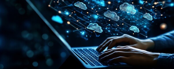 Poster - Cloud service hologram, man typing on laptop, devices synchronized