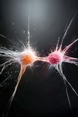 microscopic image of two neurons connecting, on black background. concept of biology, science and re