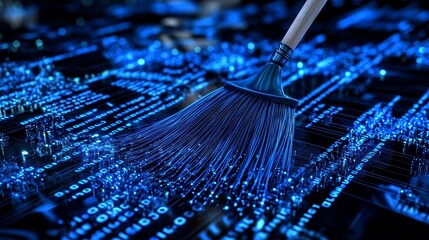 Poster - Data deletion or clearing is represented by a broom sweeping away glowing blue binary code.