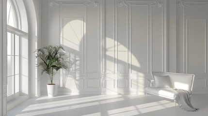 White interior with a chair and a potted plant.