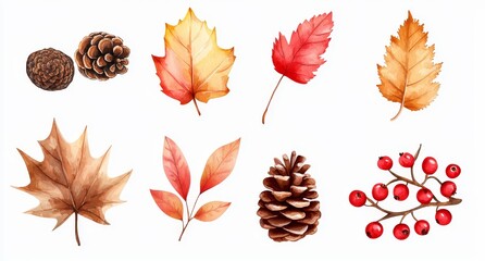 Sticker - A watercolor collection of autumn leaves, berries and pine cones against a white background.