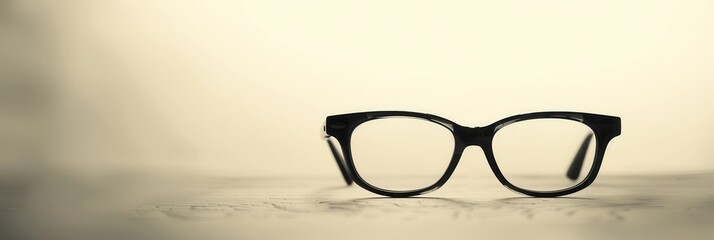 Poster - A sleek pair of eyeglasses sits still on a clean surface, illuminated by gentle lighting, creating a tranquil and thoughtful atmosphere. Generative AI
