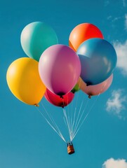 A cluster of bright, colorful balloons ascend into the clear blue sky, bringing a sense of joy and lightness on a sunny afternoon. Generative AI