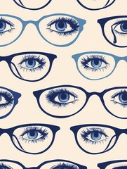Poster - A collection of eyeglasses is featured in front of creatively rendered eye graphics, showcasing a unique artistic blend. Generative AI
