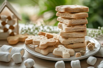 Stacked shortbread cookies with marshmallows in nature