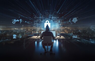 Poster - A hooded figure sits at a desk in front of a glowing computer screen, with a padlock icon and glowing lines as the backdrop.
