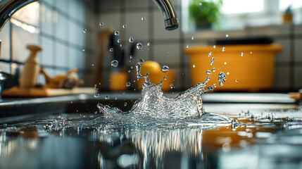 Poster - A sink is filled with water and a splash of water is falling out of the faucet