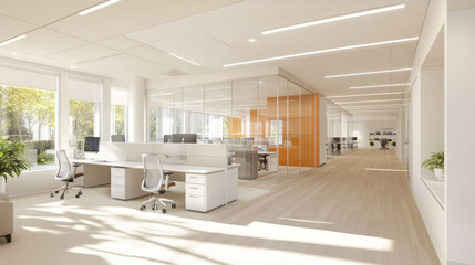 Modern office interior design featuring bright, spacious workspaces with large windows, ergonomic furniture, and clean aesthetic. layout promotes productivity and collaboration