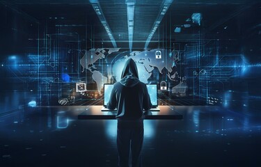 Poster - A hooded figure sits in front of a laptop in a dark room, with a world map and digital patterns projected onto the wall behind them.