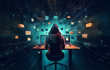 Fototapete - A hooded figure sits in front of a computer, surrounded by digital data streaming around them.